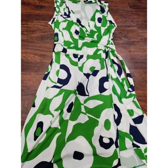 Banana Republic Geometric Preppy Twee Knee Length Wrap Dress Green/White Large - Picture 8 of 13